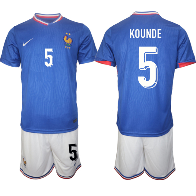 Men's France #5 Jules Koundé Blue 2024-25 Home Soccer Jersey Suit